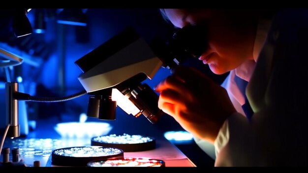 A woman looks through a microscope at a lab.