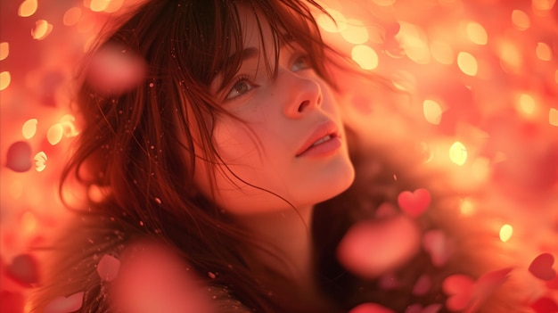 A woman looks up as hearts descend from above