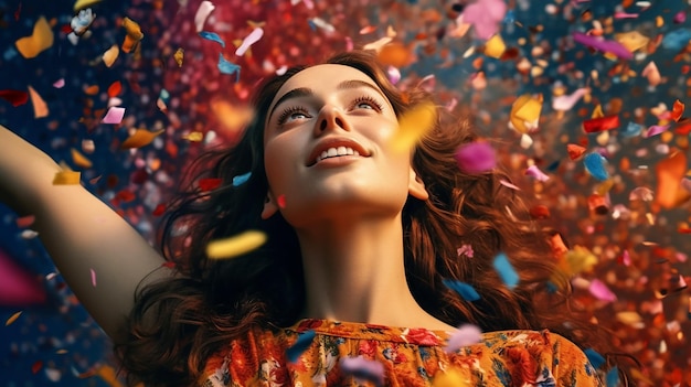 A woman looks up at confetti in the air