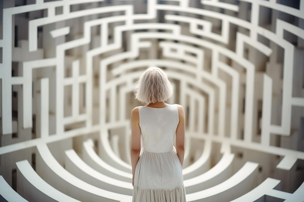 Woman lost in labyrinth Troubled woman finding way out Confused mind problem of searching the way thinking finding the maze solution concept Solving puzzle AI generated