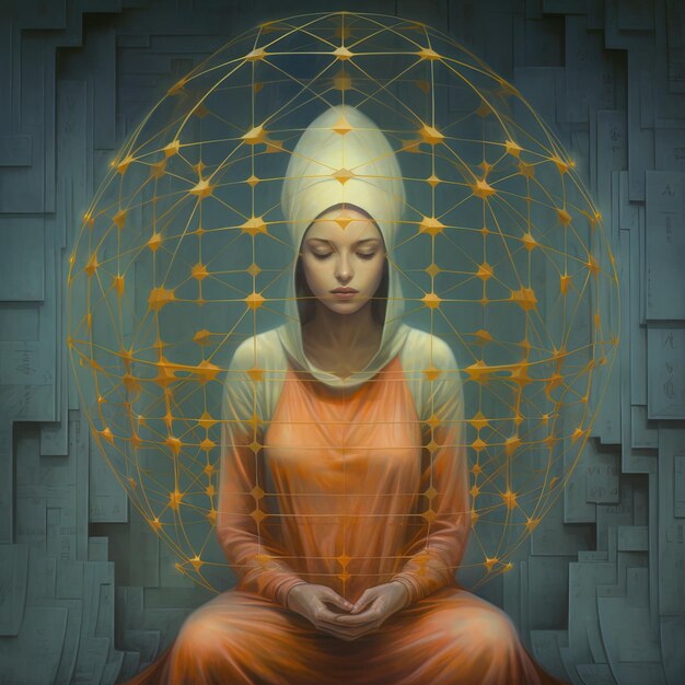 a woman in a lotus outfit sits in front of a circle of stars