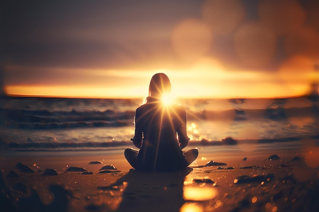 A woman in lotus position in a beach at sunset