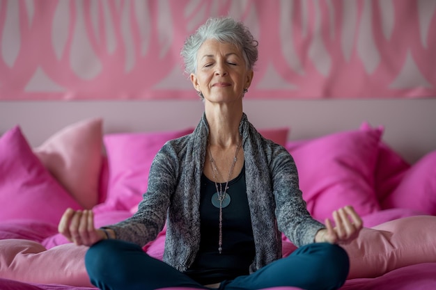 Photo woman in lotus position on bed