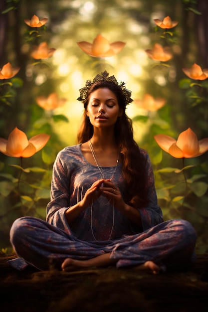 A woman in the lotus position in the forest does yoga and mindfulness exercises until she reaches nirvana Generative AI Nature