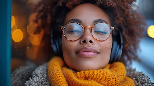 Woman lounging on rooftop with headphones