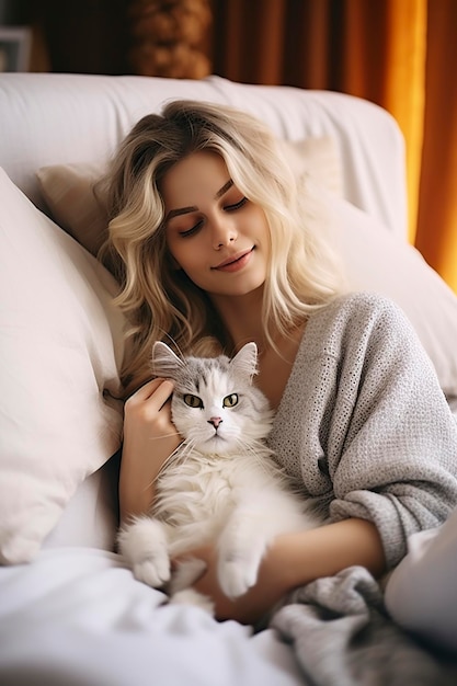 Foto donna innamorata del suo gatto e su un divano in un soggiorno