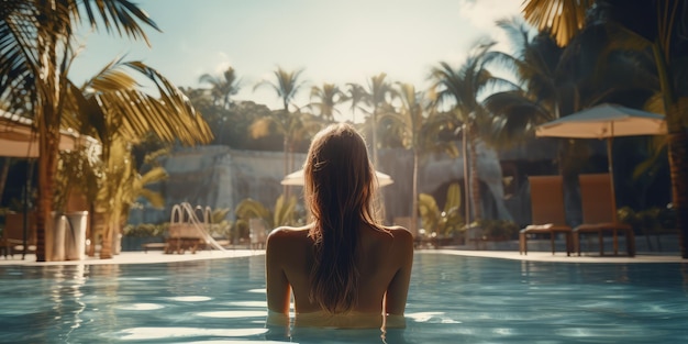 Женщина в роскошном пятизвездочном курорте в бассейне.