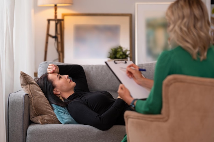 Photo woman lying in couch during therapy session