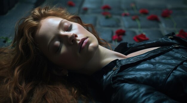 Photo a woman lying down with red hair and eyes closed