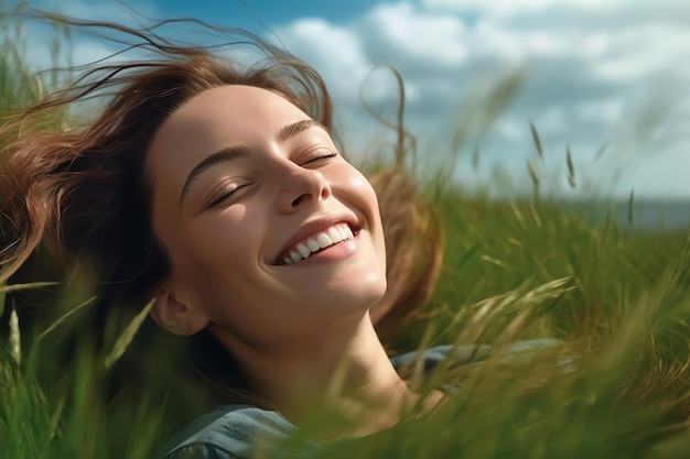 A woman lying in a field of grass smiling and looking up