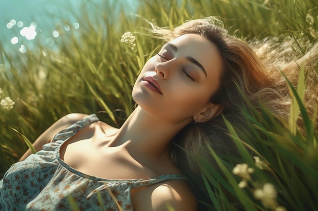 A woman lying in a field of grass with her eyes closed and her eyes closed.