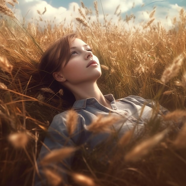 A woman lying in a field of wheat