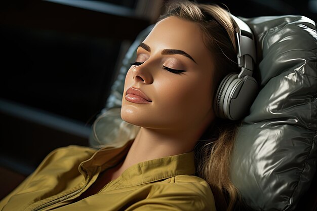 Photo woman lying with eyes closed wearing headphones and headband and resting closeup generative ai