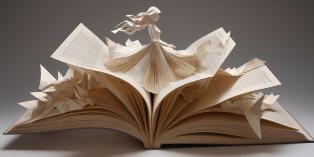 woman made of paper emerging from an open book