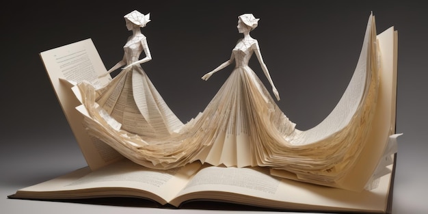 Photo woman made of paper emerging from an open book