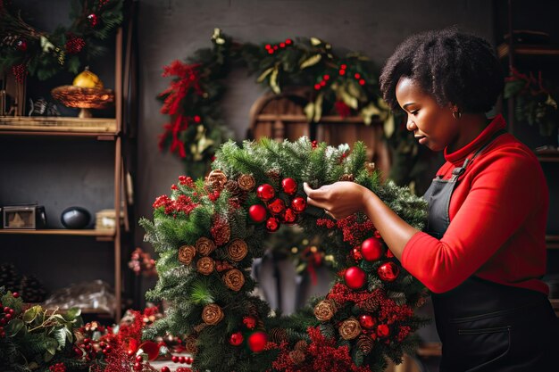 写真 女性は花屋のクリエイティブ ワークショップ クリスマスで伝統的なクリスマスの飾りと花輪を作る