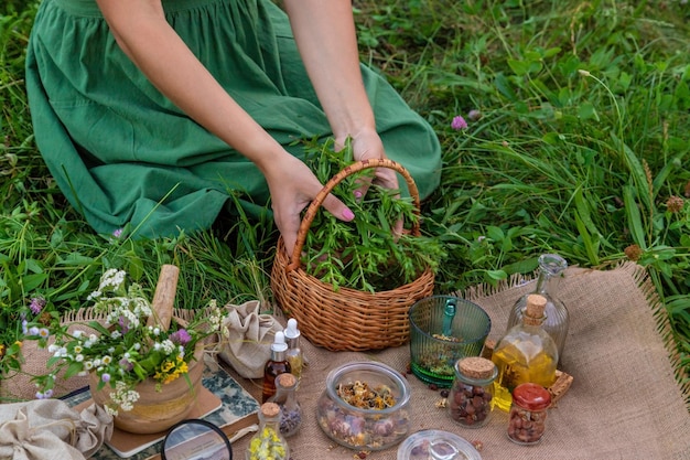 A woman makes herbal tincture Selective focus Nature