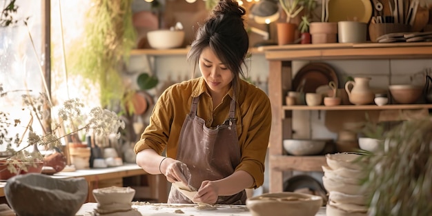 A woman makes vsigns by hand in a workshop