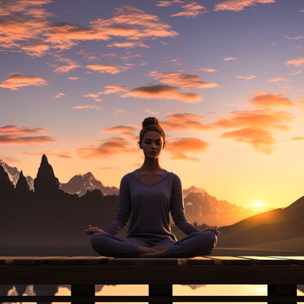 The woman makes yoga at sunset