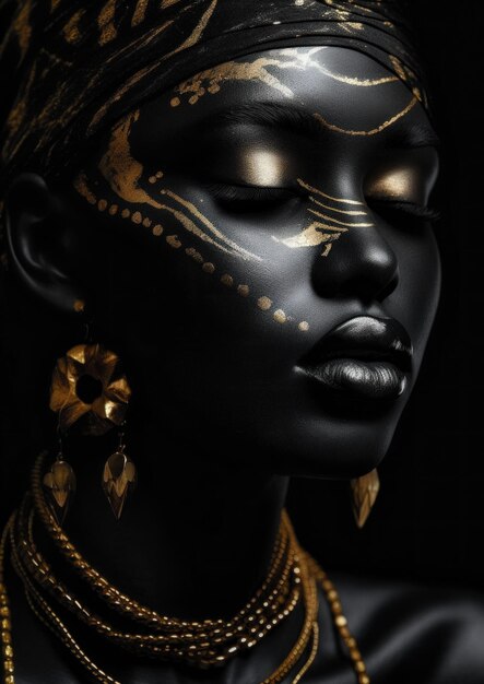 Фото Женский макияж с золотым цветом и золотыми аксессуарами концептуальный черный фон для рамы