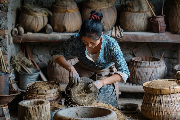 Photo woman making basket in shop