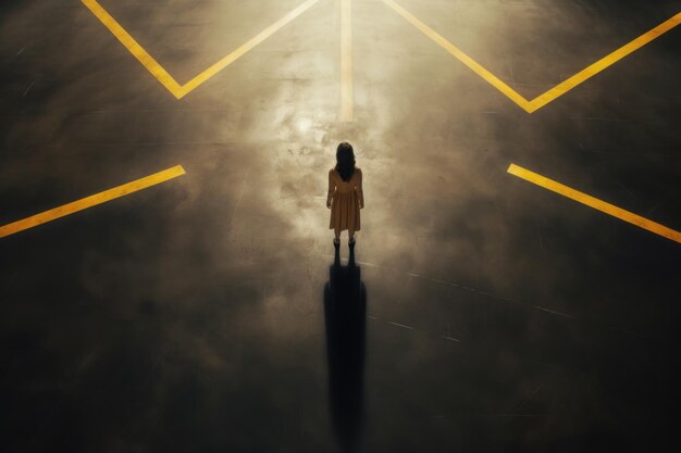 Photo woman making choices on asphalt with arrows