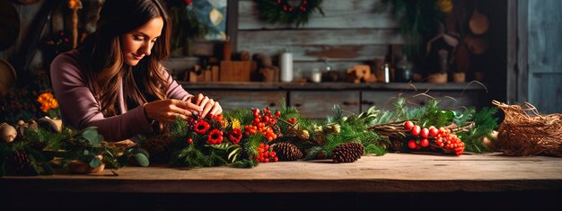 Photo woman making a christmas wreath generative ai happy