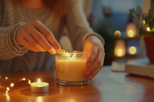 Женщина делает декоративные ароматные свечи дома
