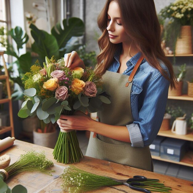 Photo woman making a flower bouquet