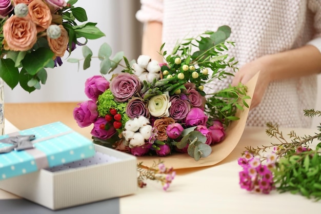 Woman making a flower bouquet