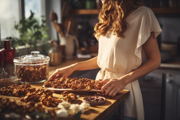 Женщина готовит батончики мюсли с орехами в столовых горшках. Энергетический завтрак, натуральный органический Generate Ai