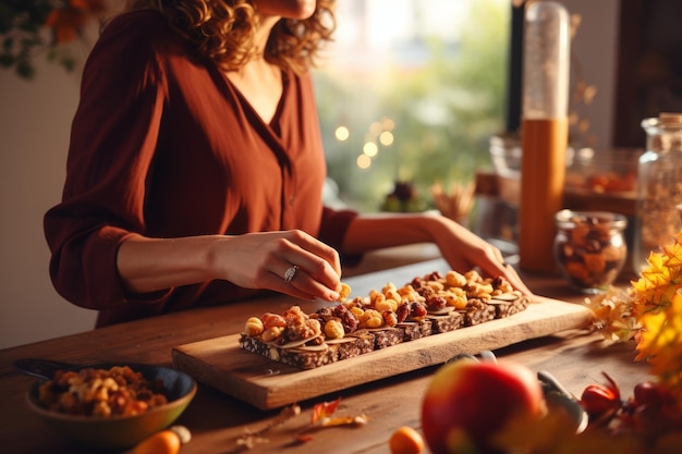 テーブルでナッツ入りグラノーラバーを作る女性 スナックオーツ食品生の料理人 Ai を生成