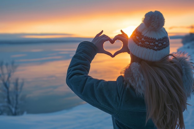 Photo a woman making a heart with their hands on the background of frozen sea and sunset