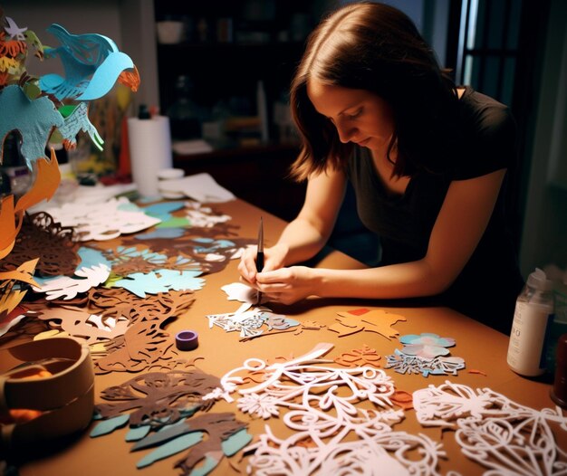 Photo a woman making intricate paper cutouts to use