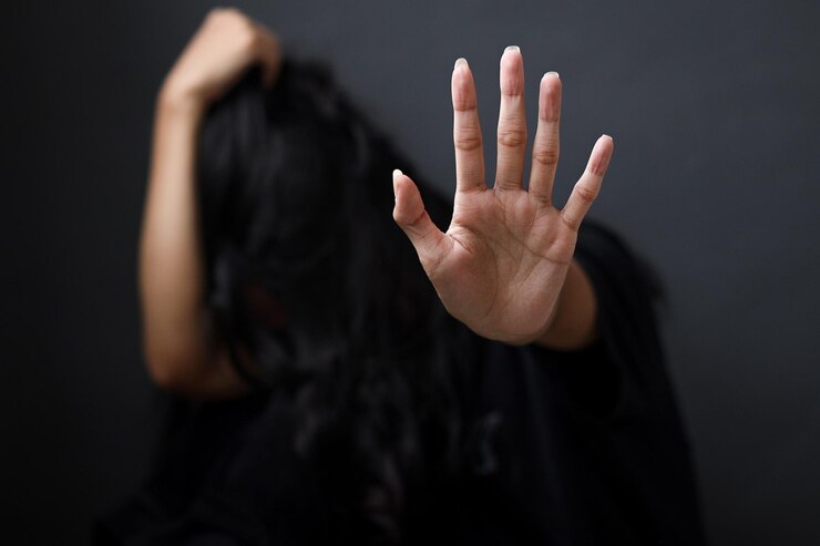 Photo woman making no or stop gesture with hand stop drugs stop violence against children stop violence