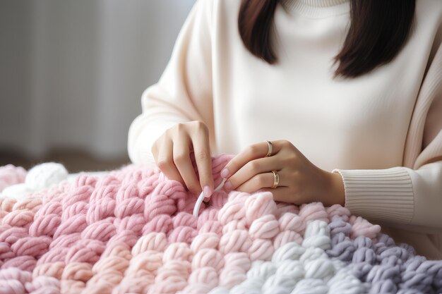 A woman making a pink and white crocheted