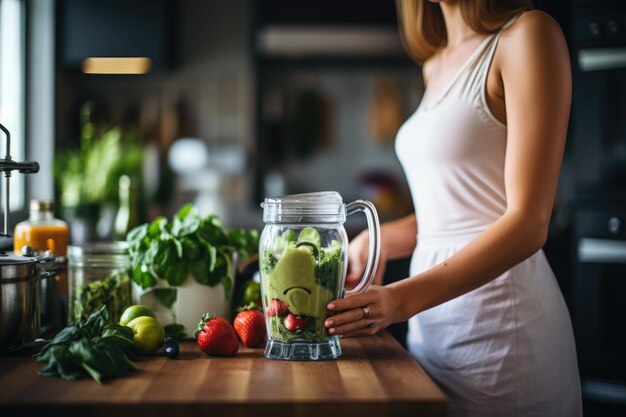 woman making smoothie using blender ai generated