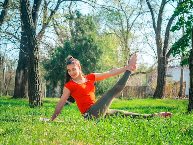 Woman making stretching outdoor