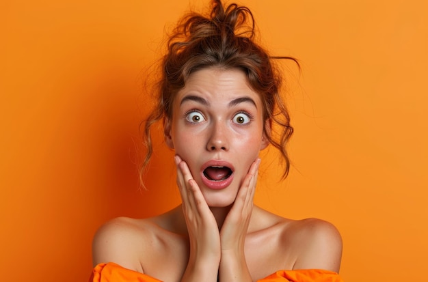 woman making surprised gesture at the camera on orange background
