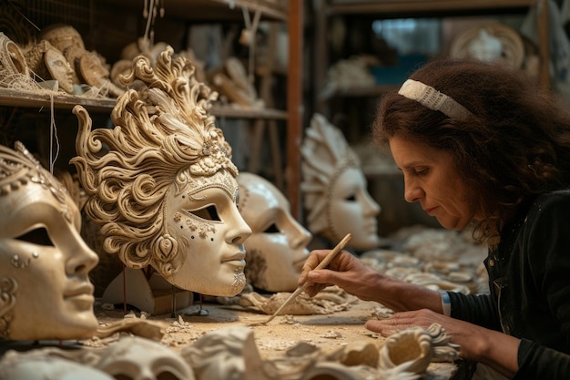Женщина делает венецианскую маску вручную