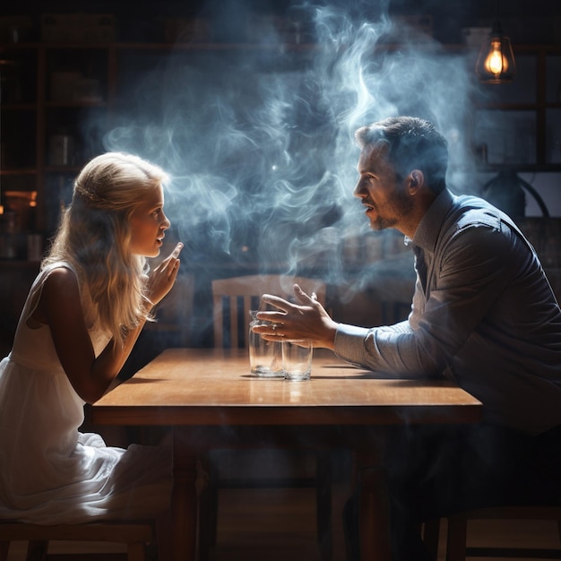 a woman and man angry mood with smoke