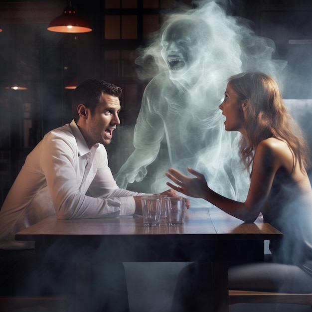 Photo a woman and man angry mood with smoke