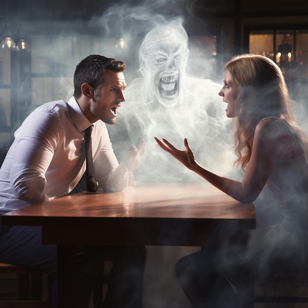 a woman and man angry mood with smoke