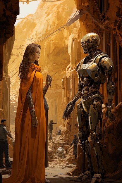 a woman and a man are looking at a robot in a city