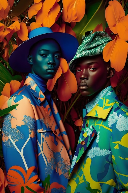 A woman and a man are posing in front of a flower.