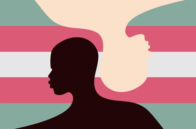 A woman and a man are silhouetted against a colorful background