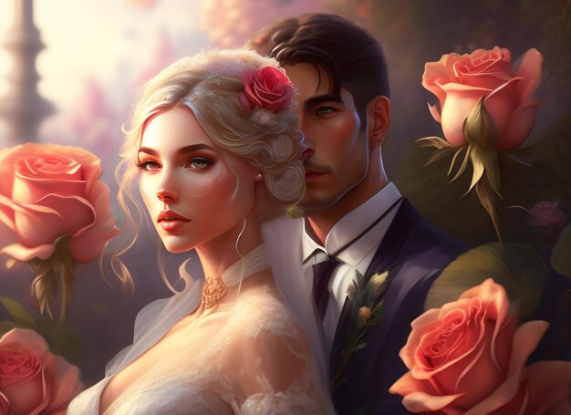 A woman and a man are standing in front of a bouquet of roses.