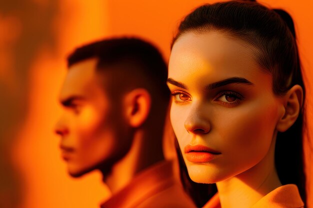 A woman and a man are standing in front of a bright orange background.