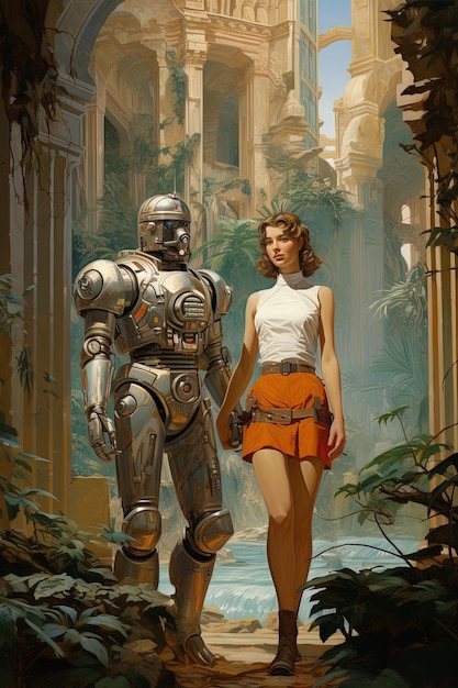 Photo a woman and a man are standing in front of some robots