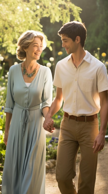 A woman and a man are walking in a garden